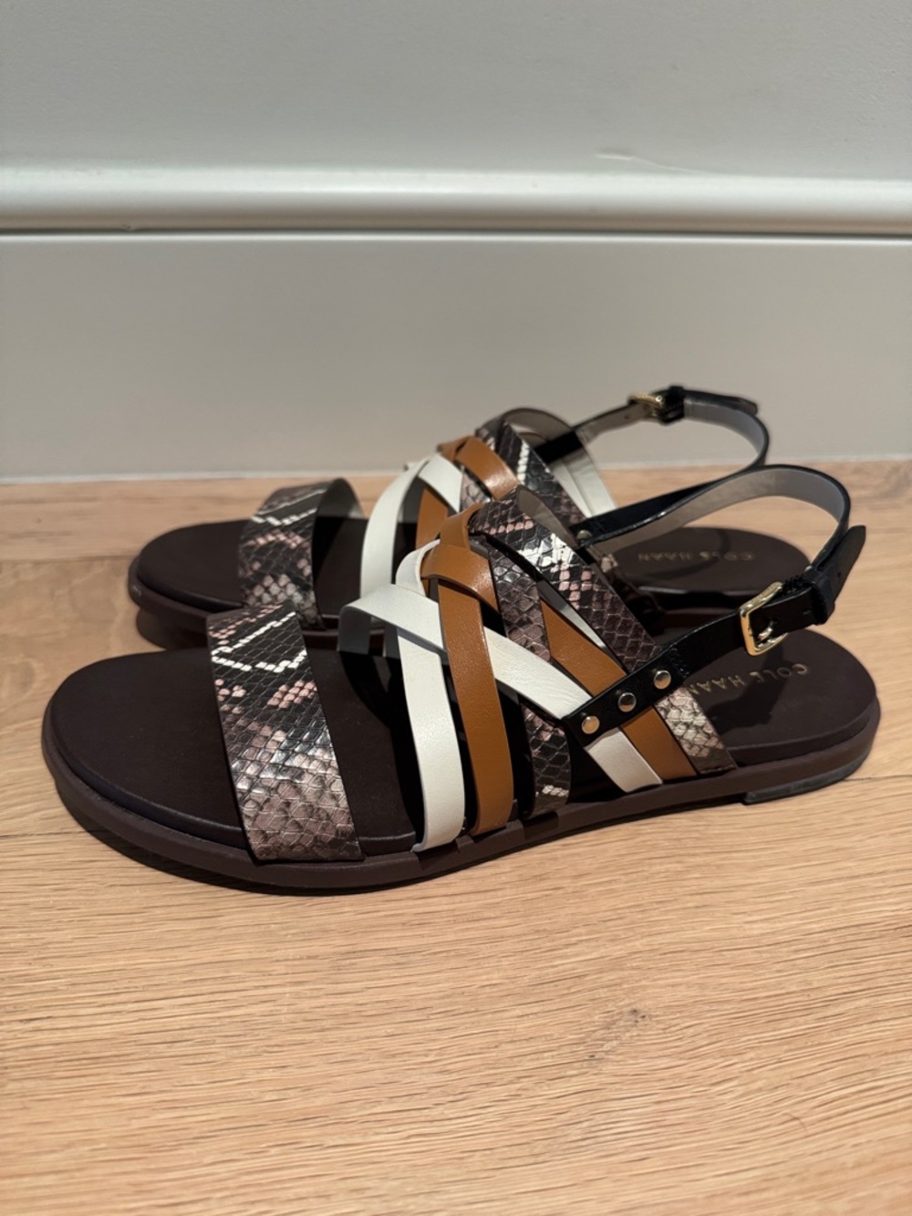 Cole Haan Leather Flat  Sandal in Brown, Black, White size 7.5 - worn once